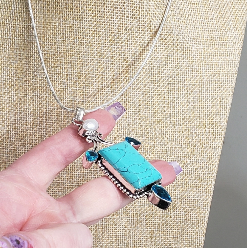 Turquoise necklace, 925 silver turquoise blue topaz pendant necklace - Picture 10 of 14